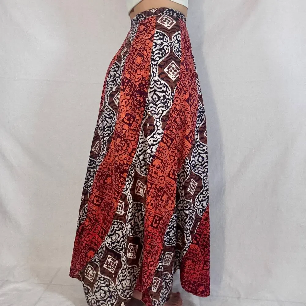 Vintage 1970s Red Brown Block Print Cotton Maxi Skirt Bias Cut Boho Swirler 25W